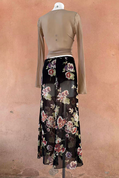 The Mariella Burani Black Floral Sheer 90s Maxi Skirt