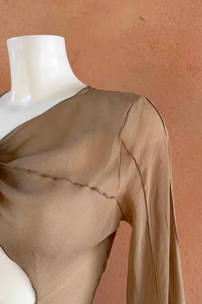 The Patrizia Pepe Taupe Silk Ruffle Wrap Y2K Top