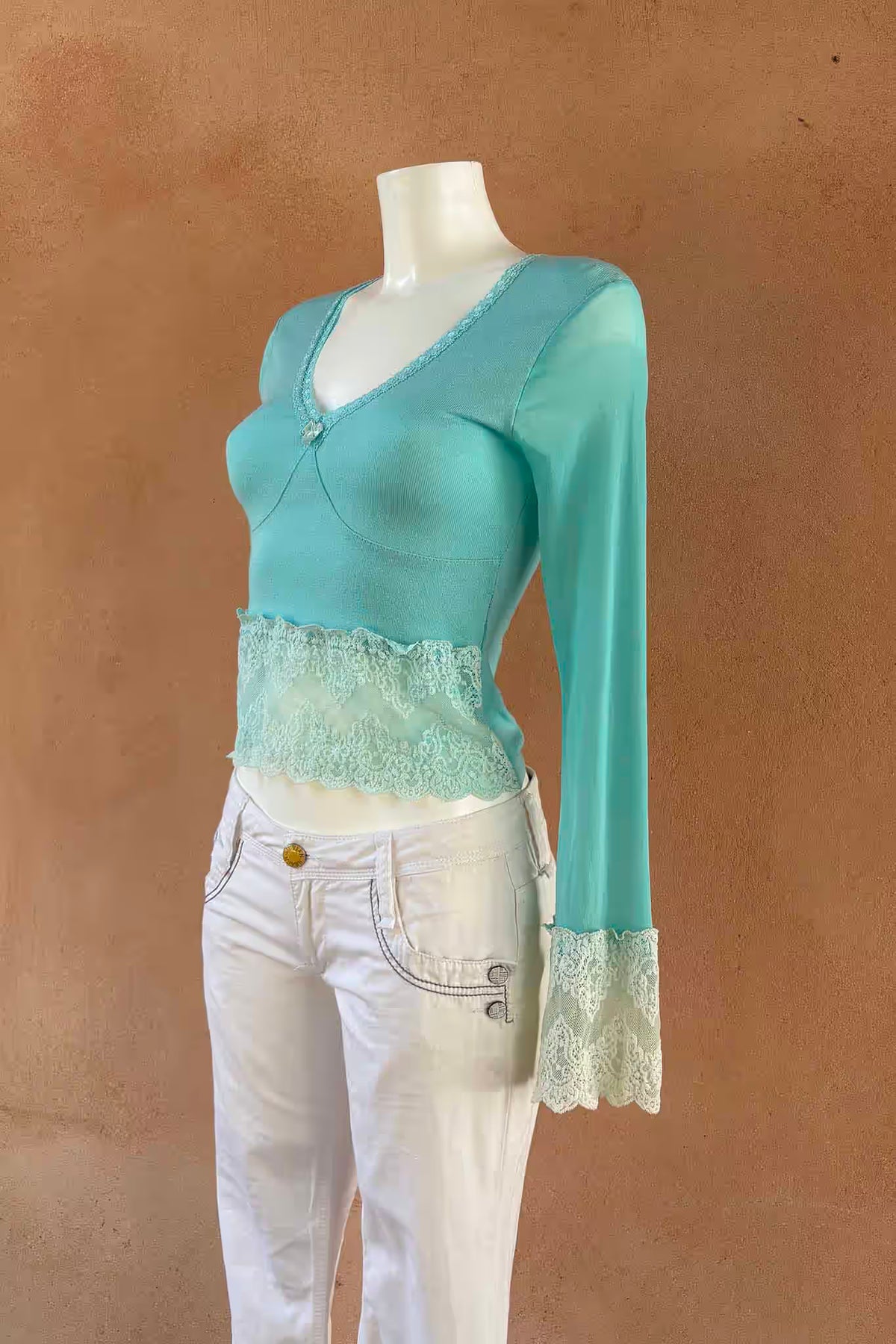 The Sandro Ferrone Turquoise Lace Trim Y2K Top