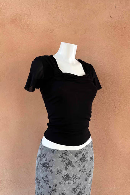 The Black Ruched Square Neck Mesh Y2K Top