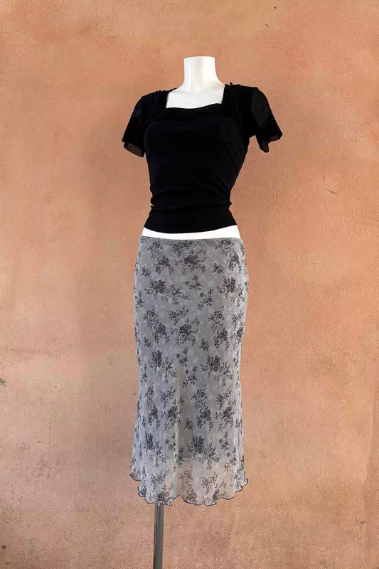 The Anna Ferrari Grey Rose Print 90s Midi Skirt