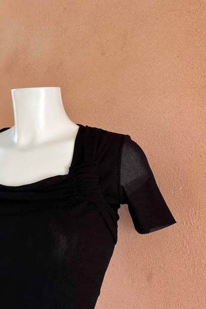 The Black Ruched Square Neck Mesh Y2K Top