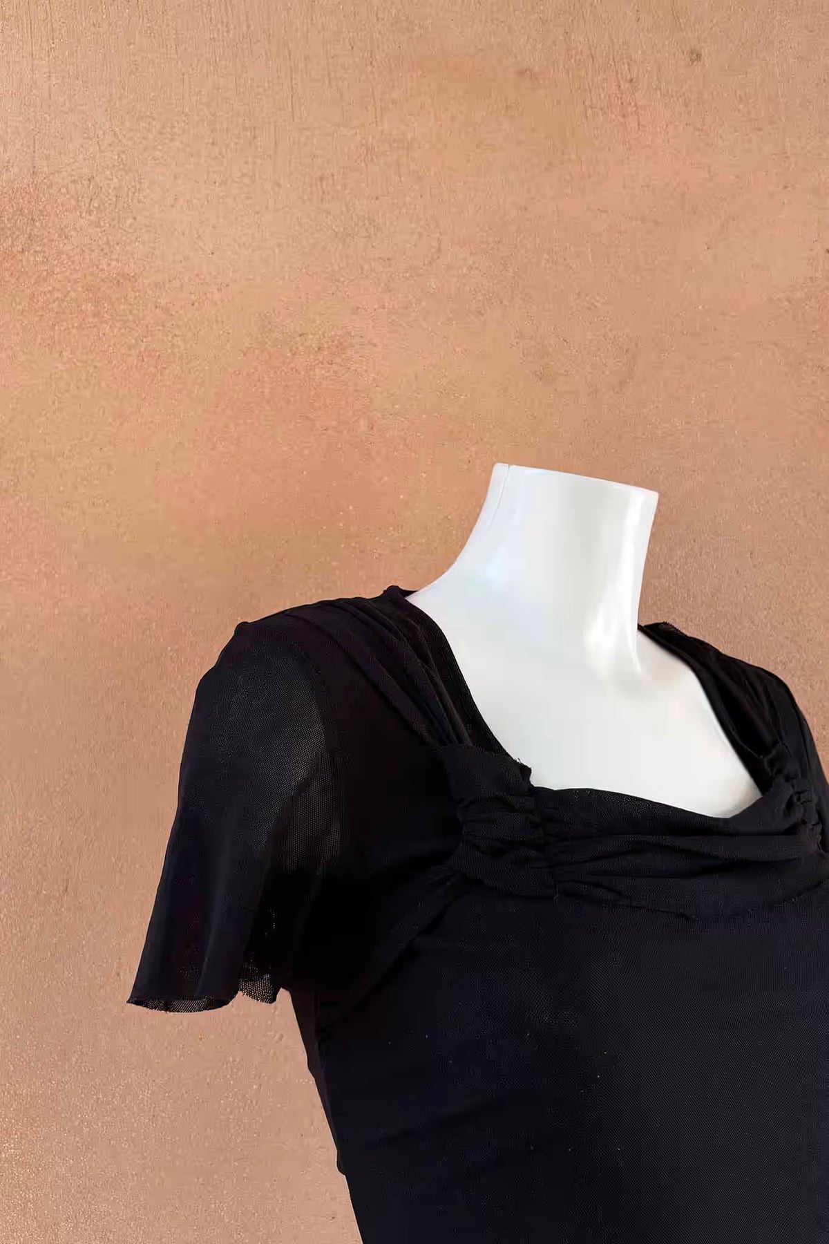 The Black Ruched Square Neck Mesh Y2K Top