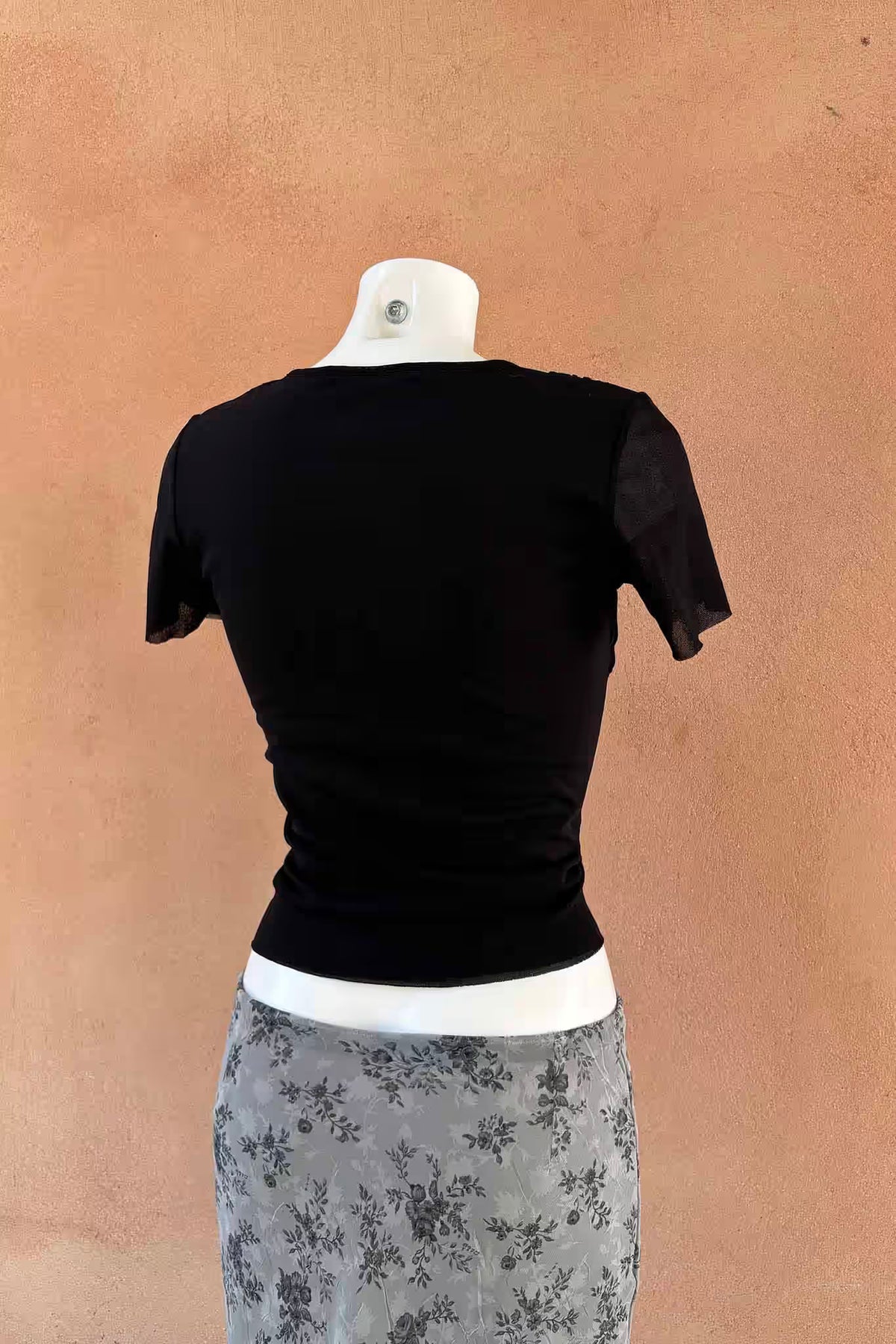 The Black Ruched Square Neck Mesh Y2K Top