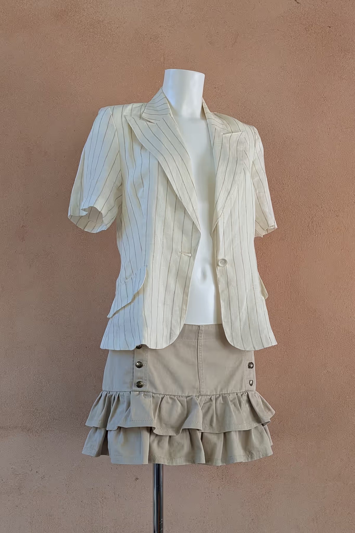 The Cream Pinstripe Linen Blazer Top
