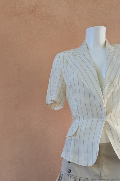 The Cream Pinstripe Linen Blazer Top
