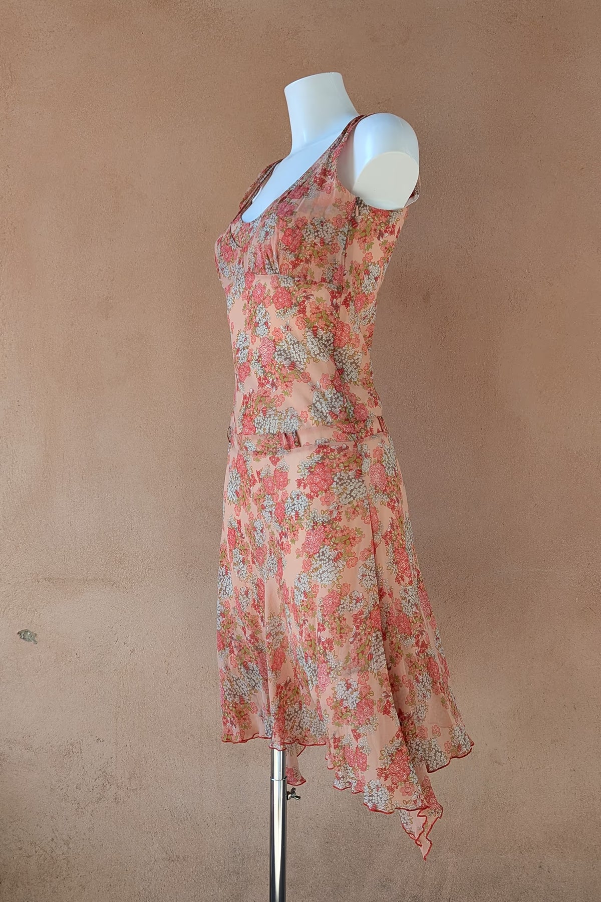 The Marc Cain Peach Floral Asymmetric Y2K Silk Dress