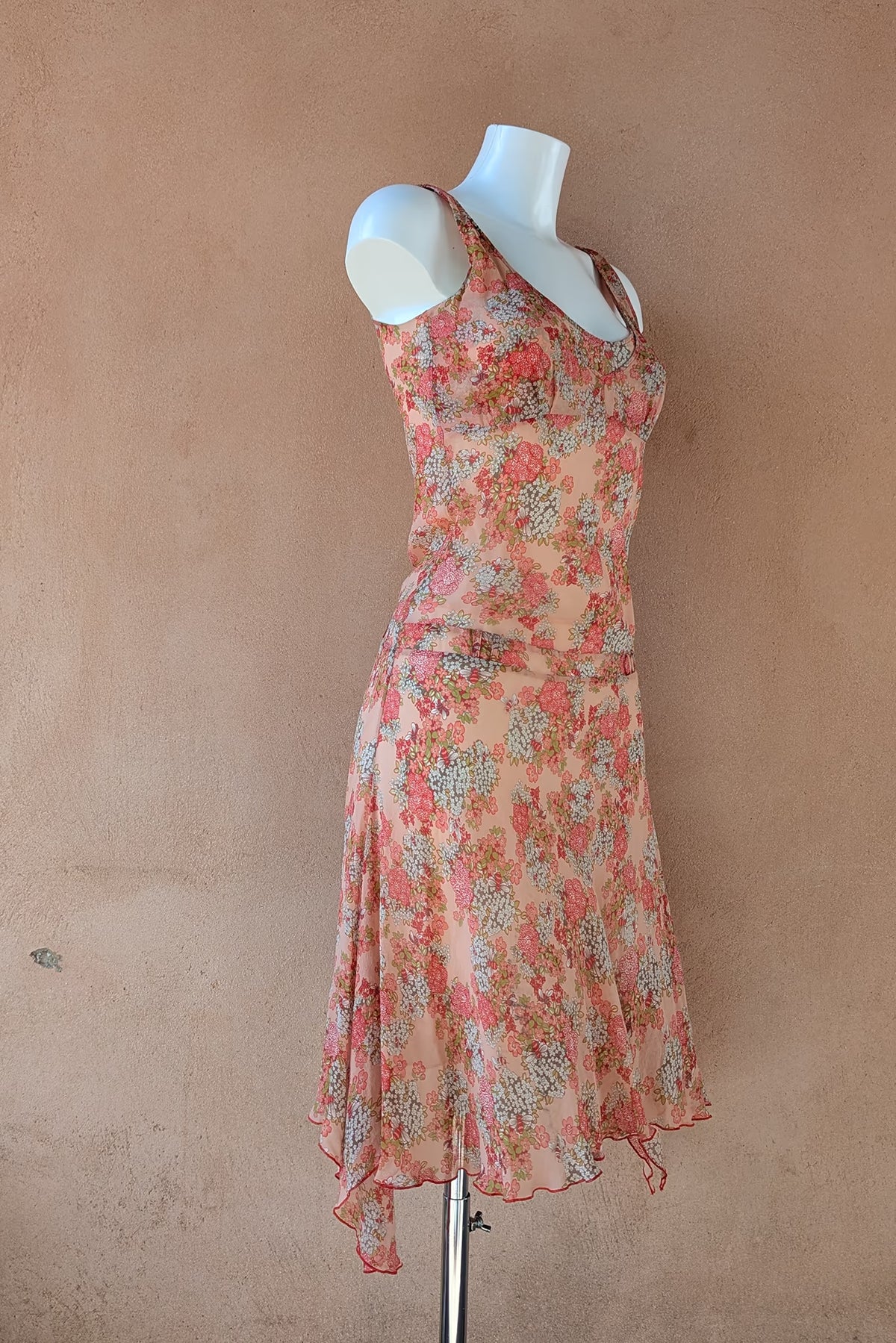 The Marc Cain Peach Floral Asymmetric Y2K Silk Dress