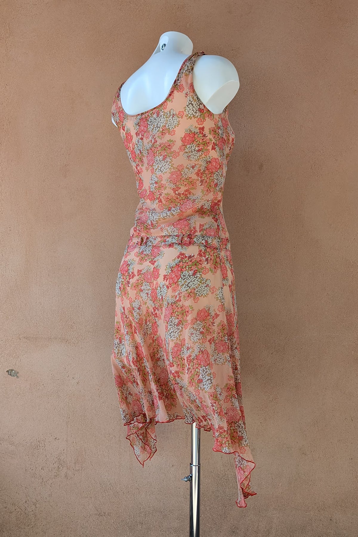 The Marc Cain Peach Floral Asymmetric Y2K Silk Dress
