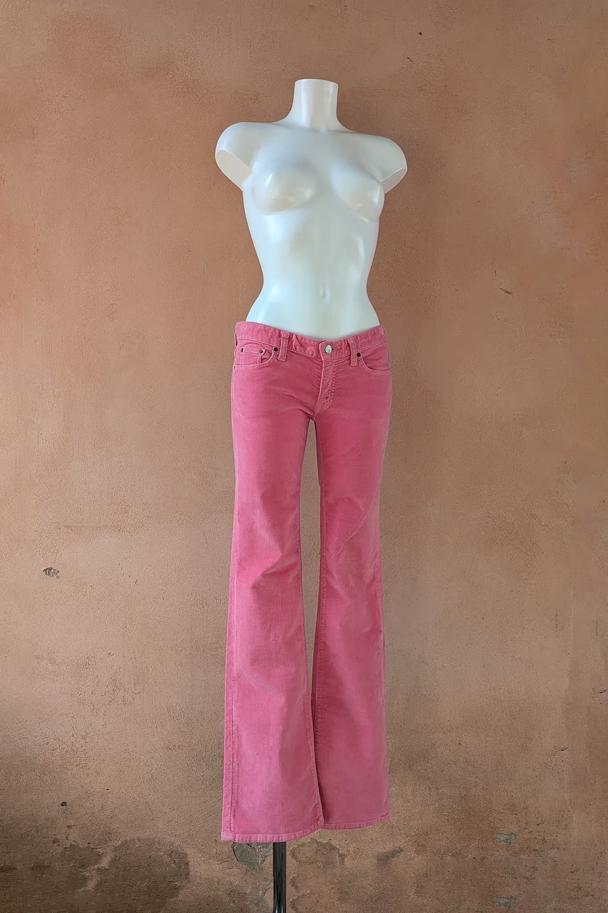 Rose pink corduroy pants, full front view
