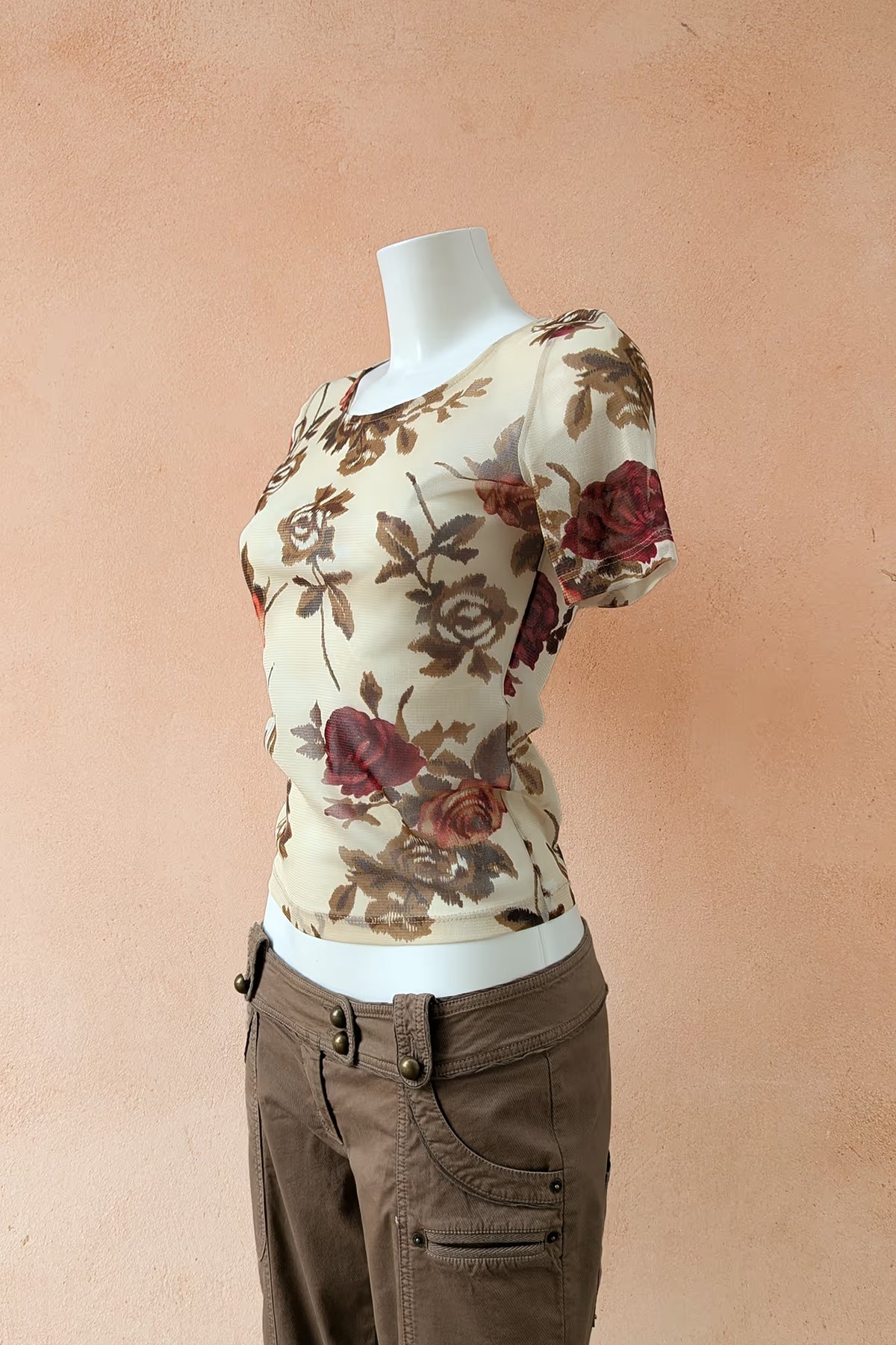 The Cream Rose Print Mesh Top