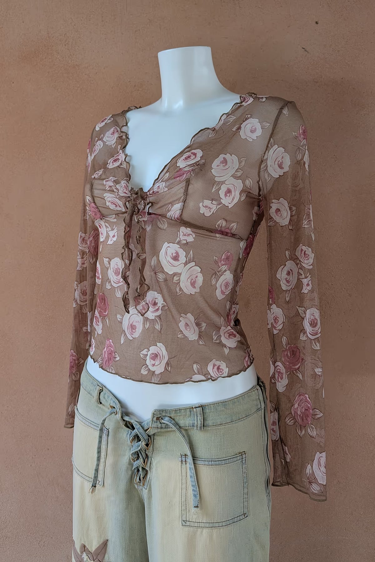 The Brown Rose Print Mesh Top