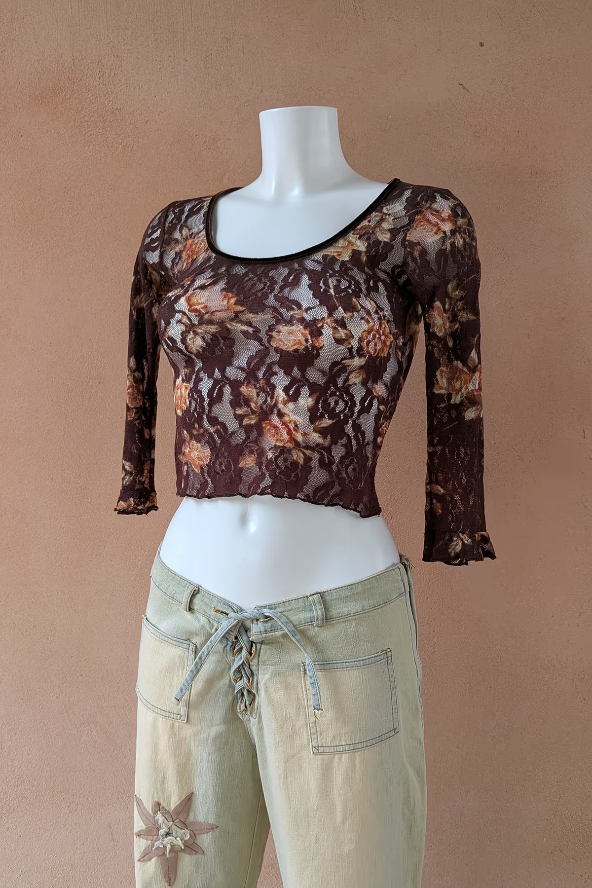 The Brown Floral Lace Crop Top