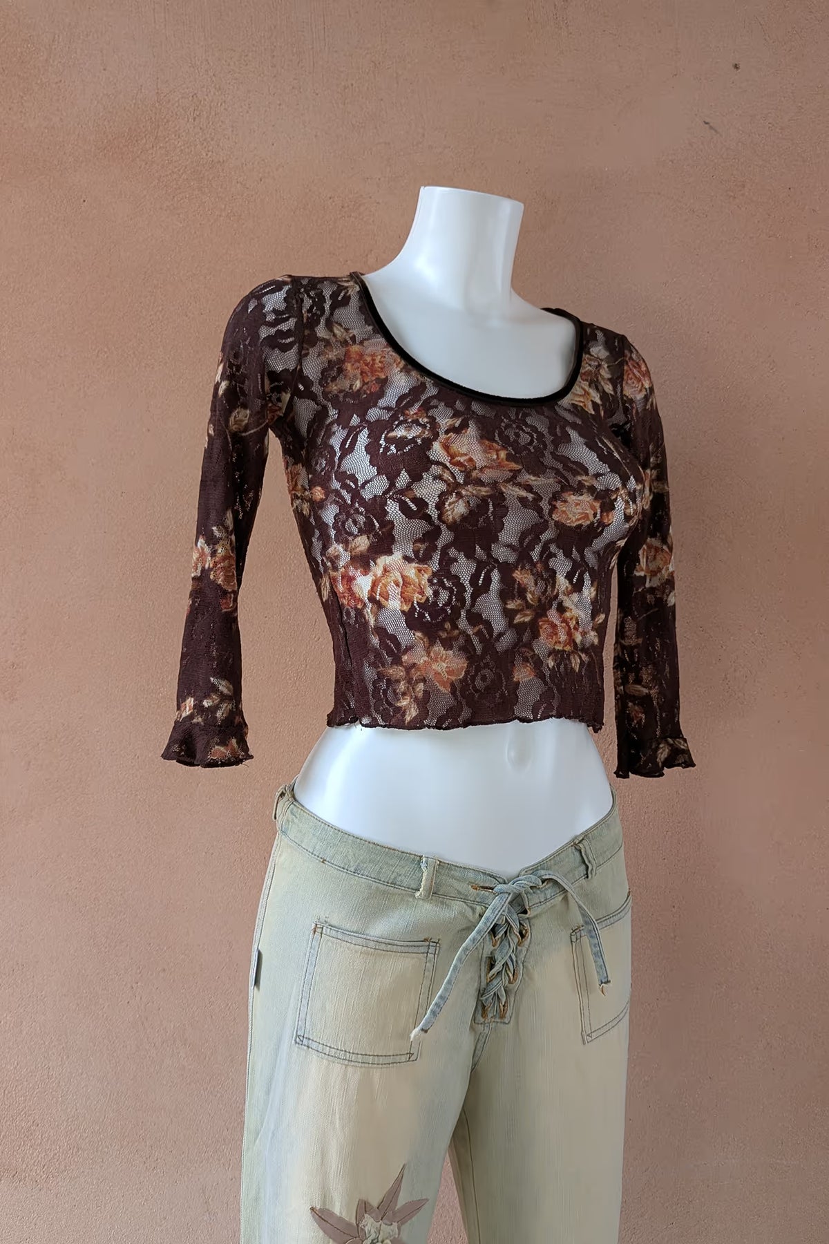 The Brown Floral Lace Crop Top