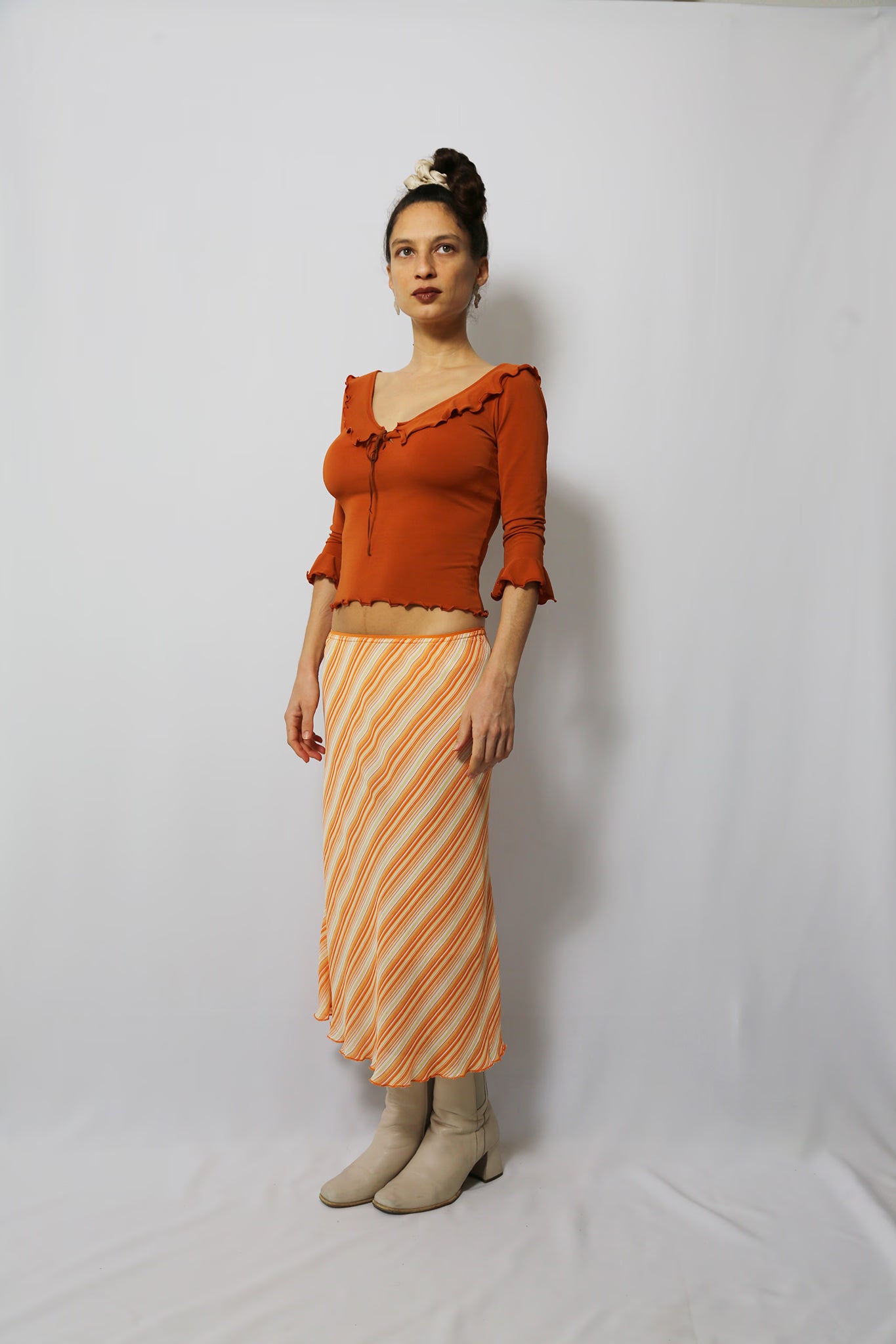 The Orange-White Striped Midi Skirt