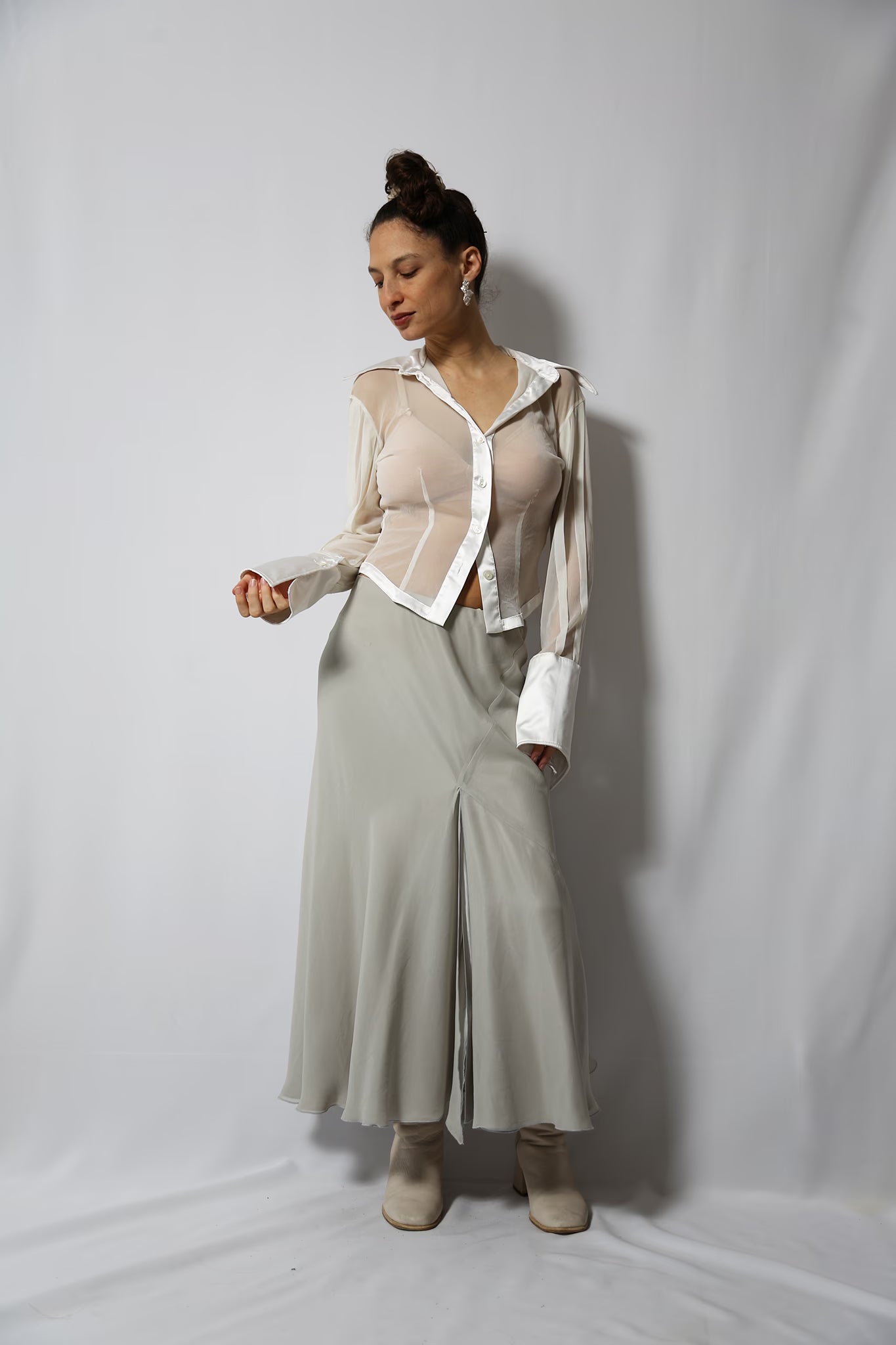 The White Mesh & Satin Sheer Shirt